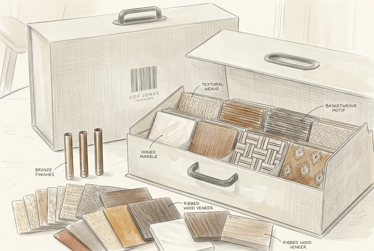 Hand-drawn sketch of a curated Cox Jones Interiors material sample box