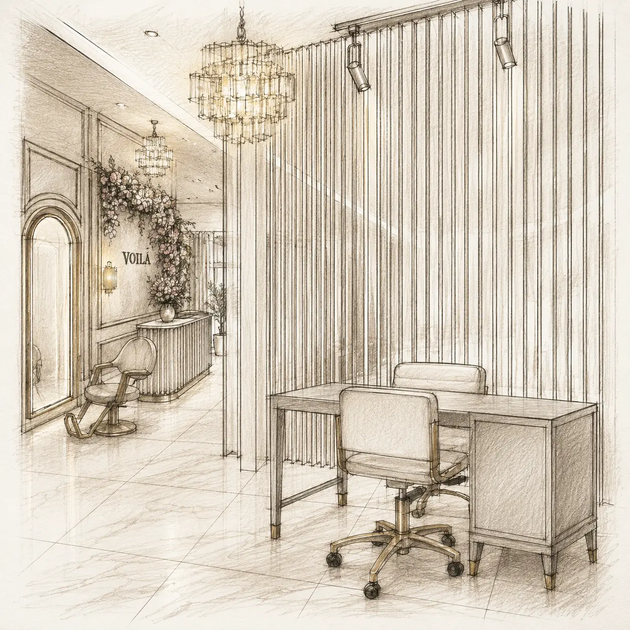 Hand-drawn design sketch of the reception study at Viola