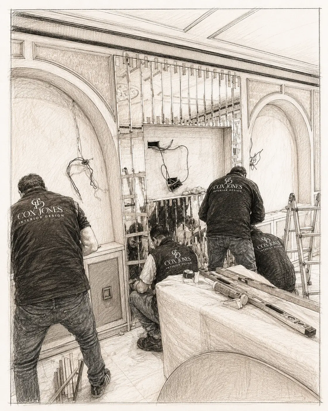 Hand-drawn sketch of the Cox Jones Interiors installation team at work on site