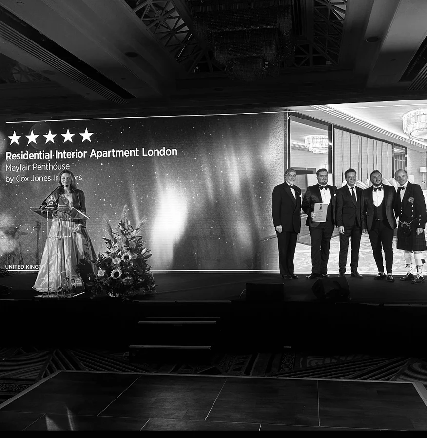 Cox Jones Interiors accepting the International Property Award for the Mayfair Penthouse in London