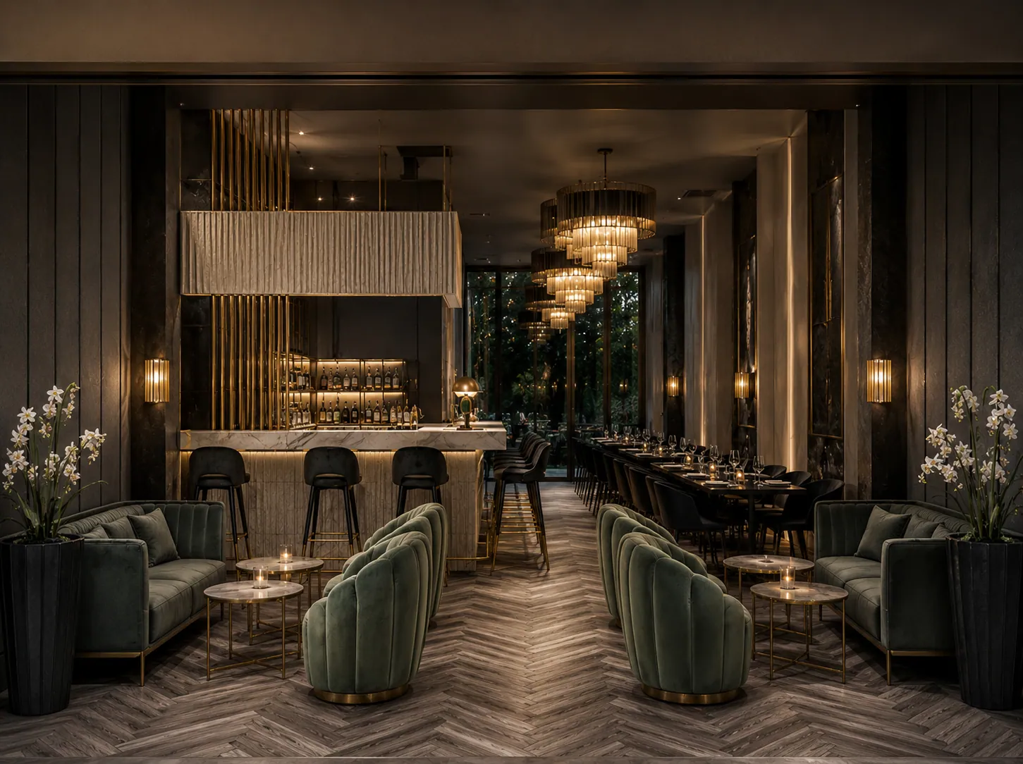 Luxury bar and lounge interior design by Cox Jones Interiors, featuring bespoke brass detailing, velvet seating and statement lighting for high-end hospitality spaces