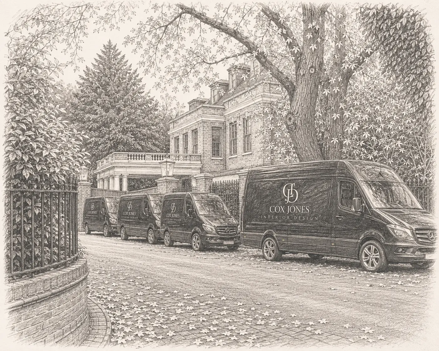 Hand-drawn sketch of the Cox Jones Interiors fleet of branded vans at a private country residence