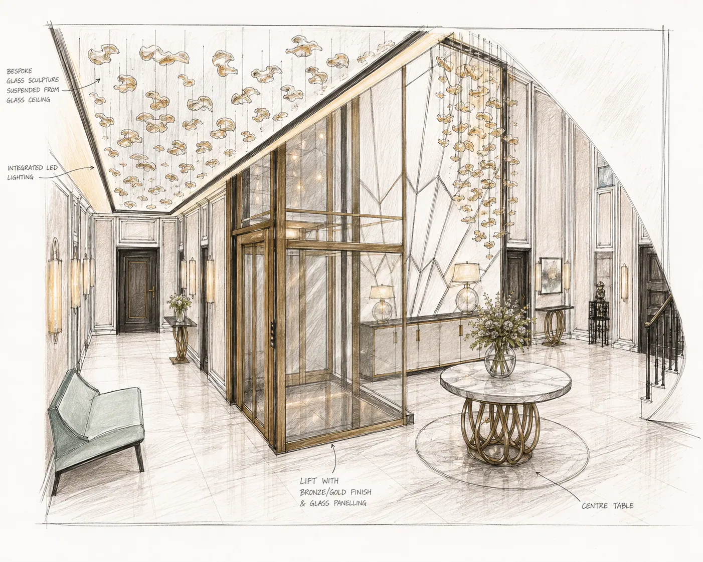 Hand-drawn concept sketch of a grand entrance hall with bespoke glass sculpture and bronze lift