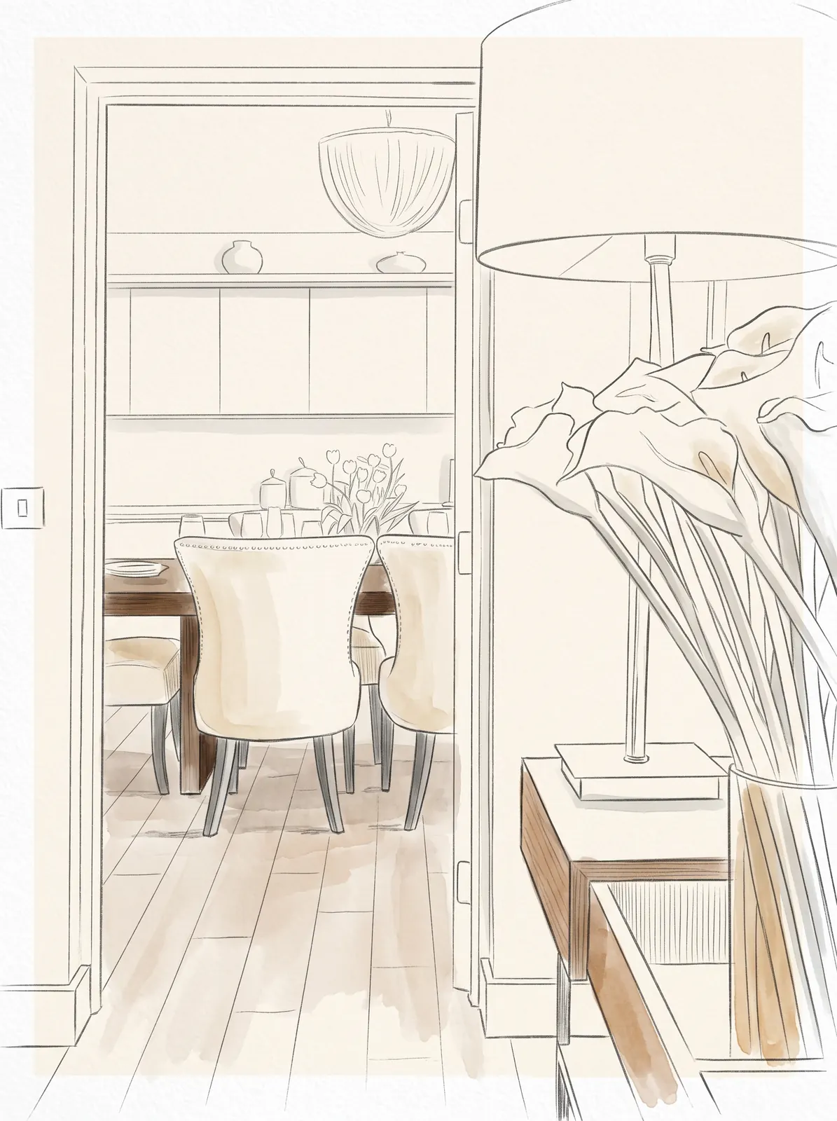 Hand-drawn design sketch of the showroom study at Showrooms & Reception Spaces, Vol. II
