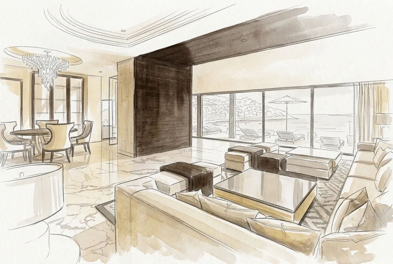 Hand-drawn design sketch of the interior study at Cannes Penthouse