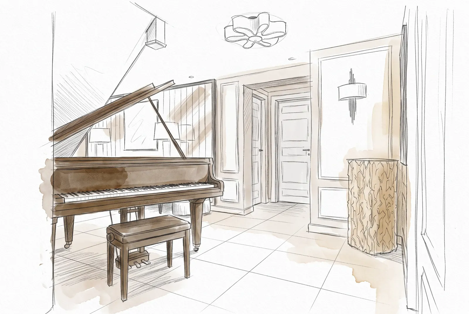 Hand-drawn design sketch of the interior study at Carlton Private Residential