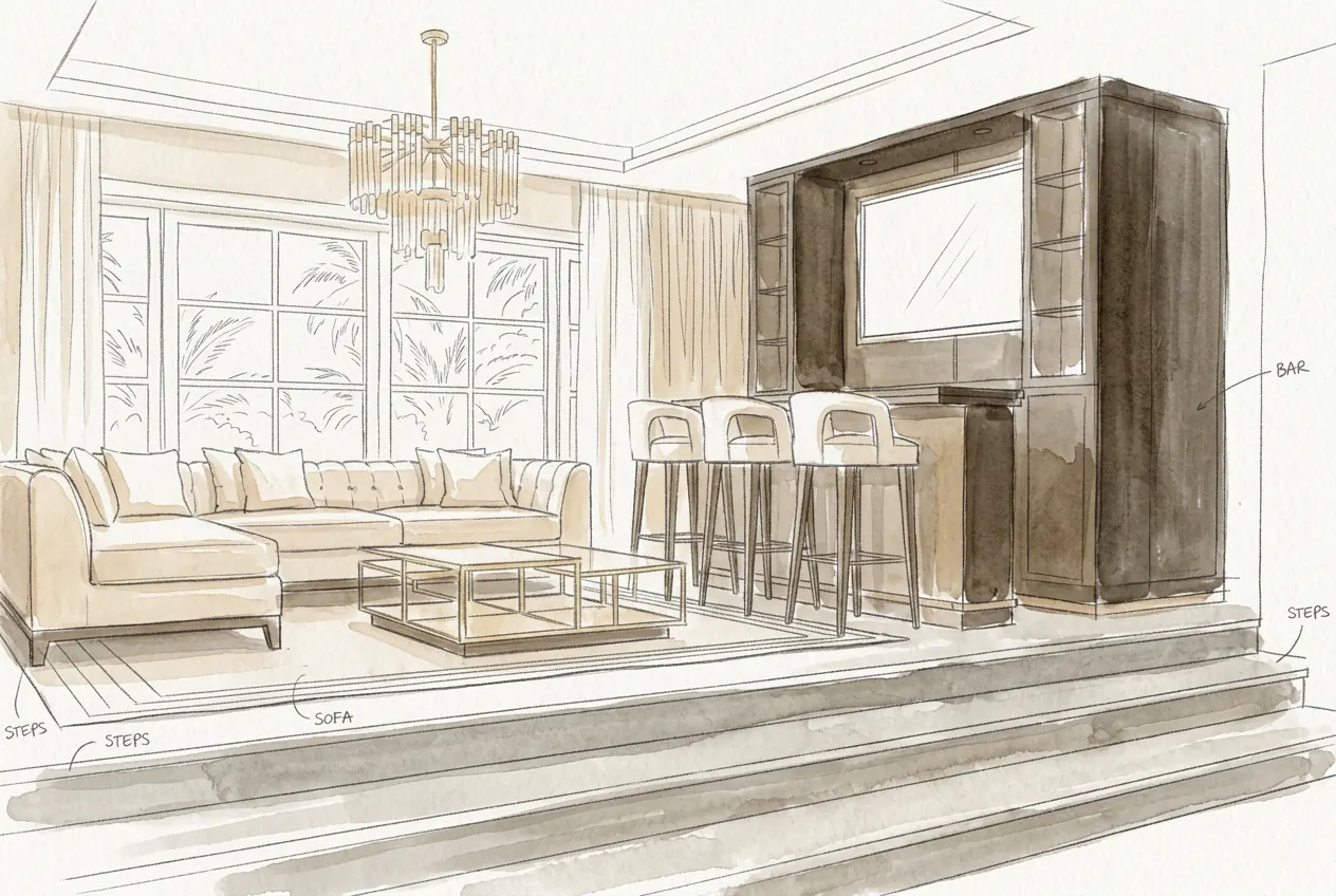 Hand-drawn design sketch of the interior study at Èze Beach Villa