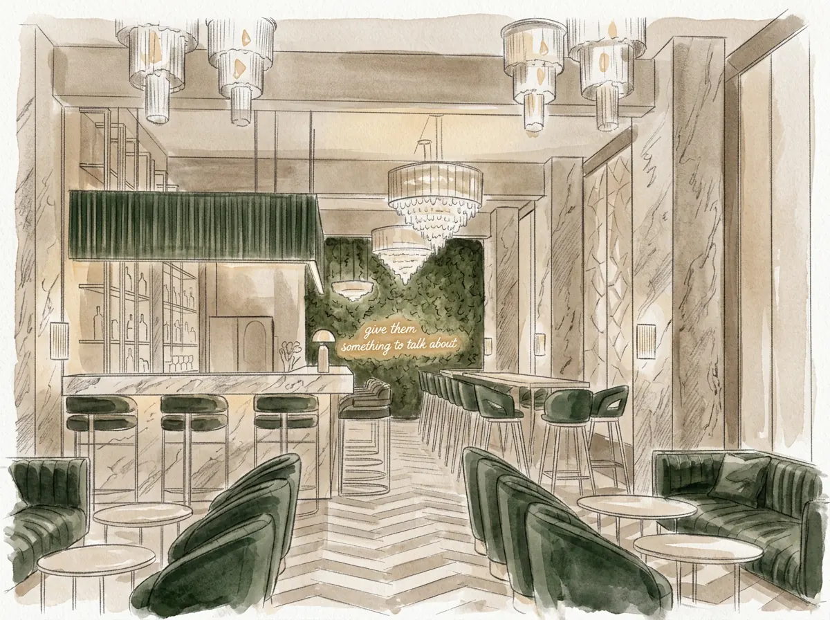 Hand-drawn design sketch of the bar study at Members Private Bar