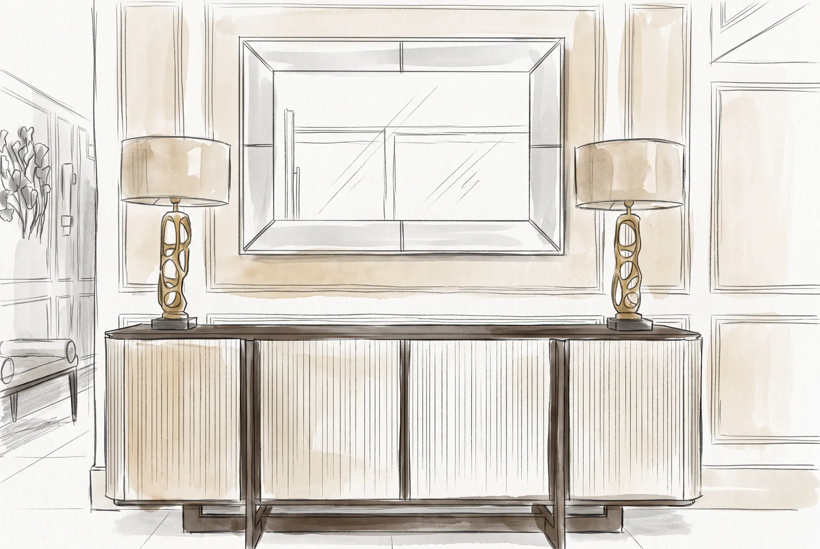 Hand-drawn design sketch of the interior study at The Lake House