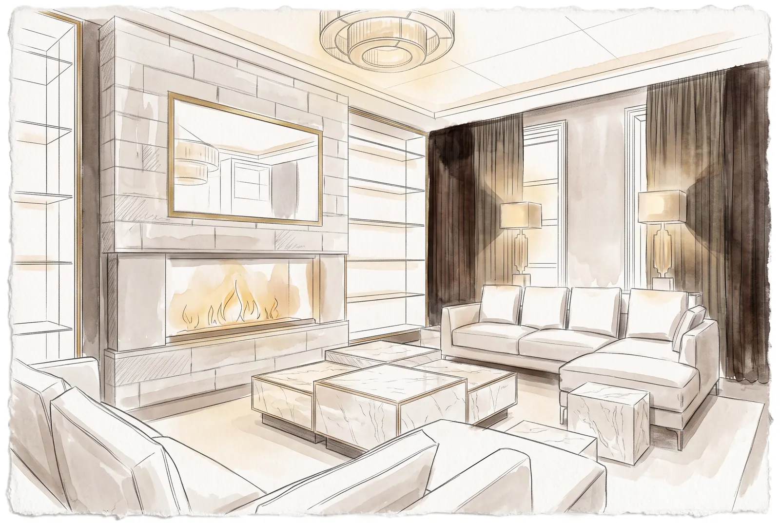 Hand-drawn design sketch of the interior study at Liverpool City Residence