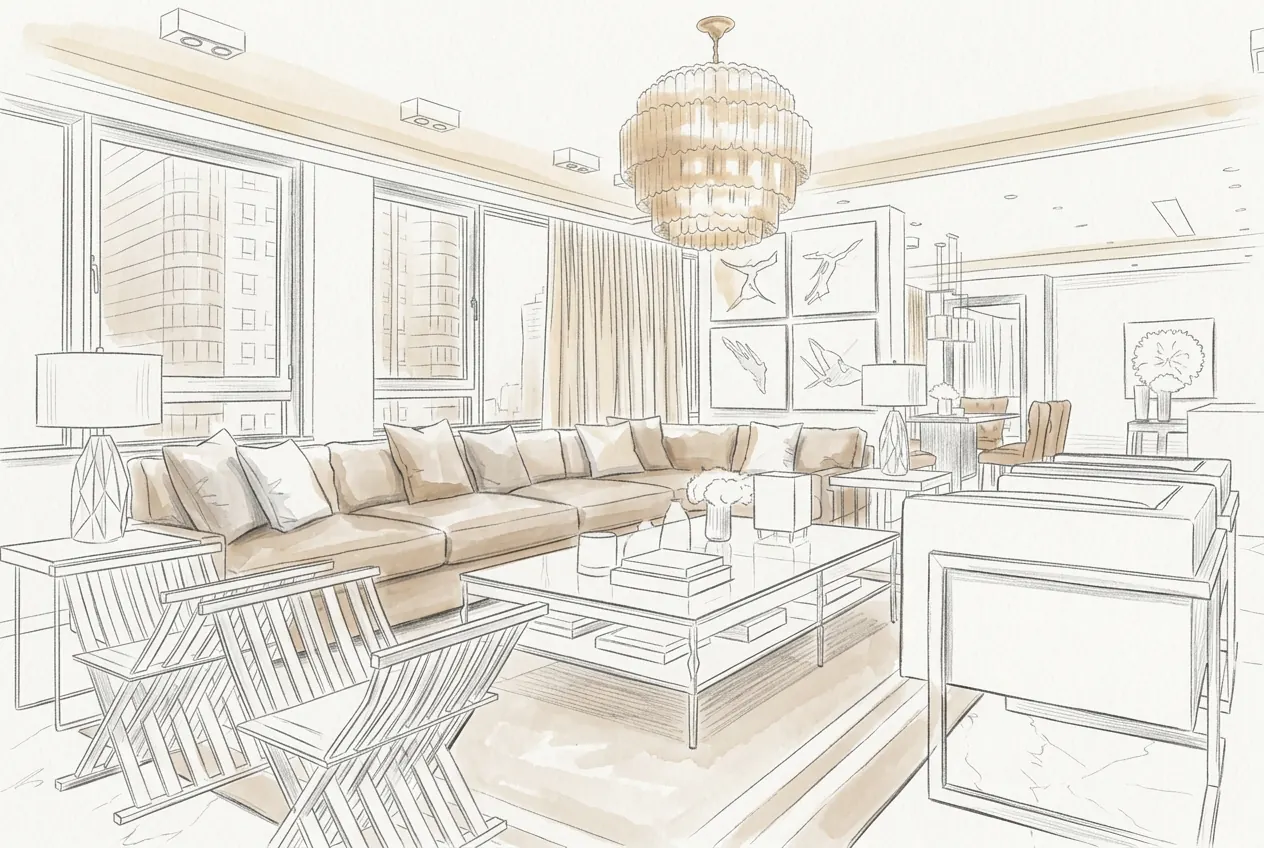 Hand-drawn design sketch of the interior study at City Suites Penthouse