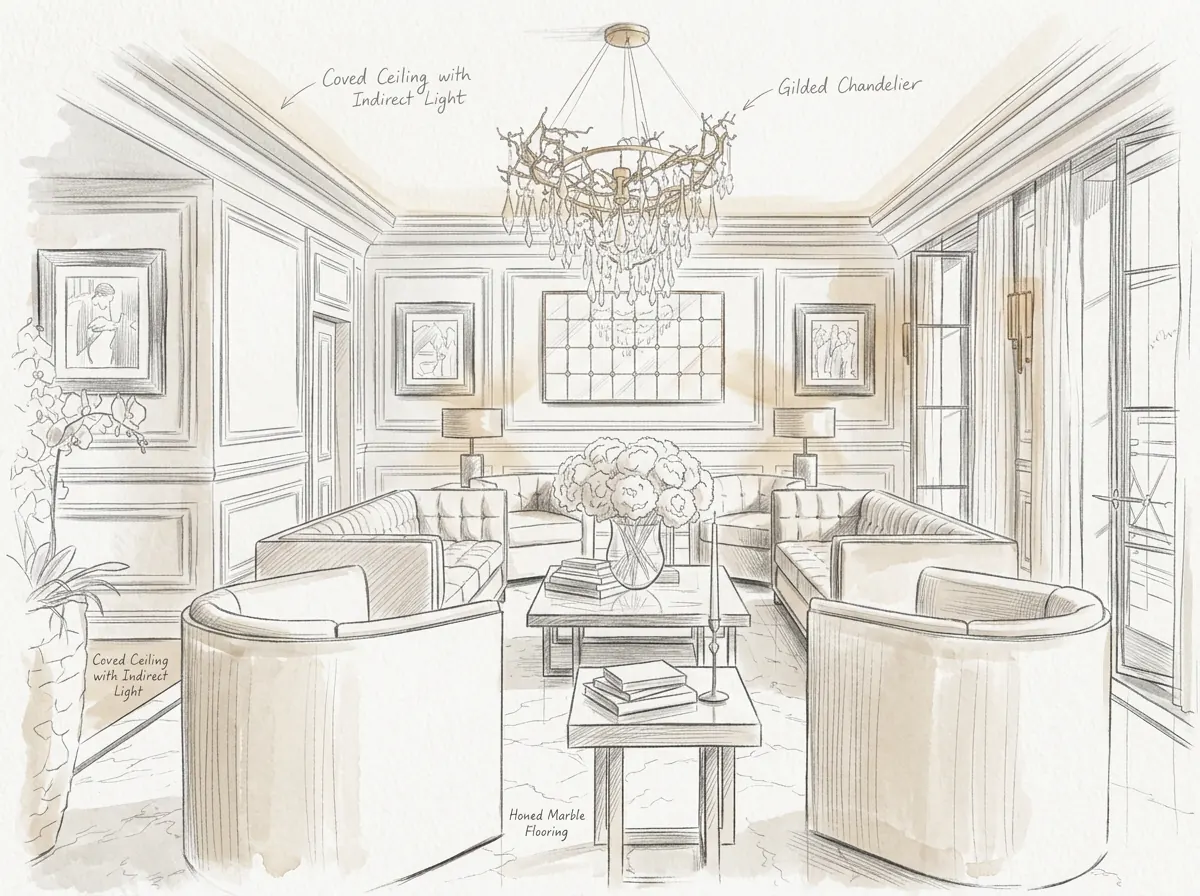 Hand-drawn design sketch of the interior study at Mayfair Town House
