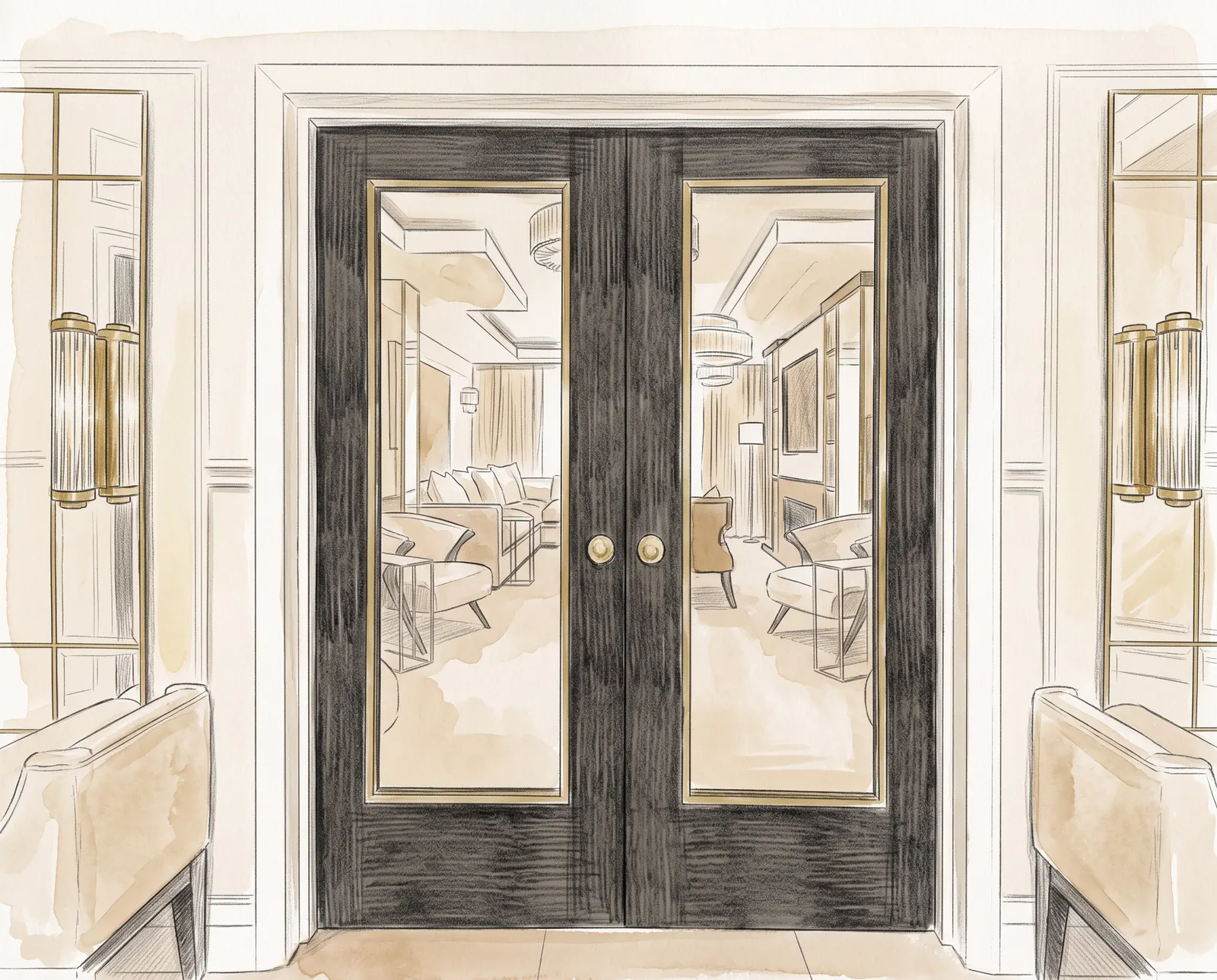 Hand-drawn design sketch of the interior study at Prestwich Family Home