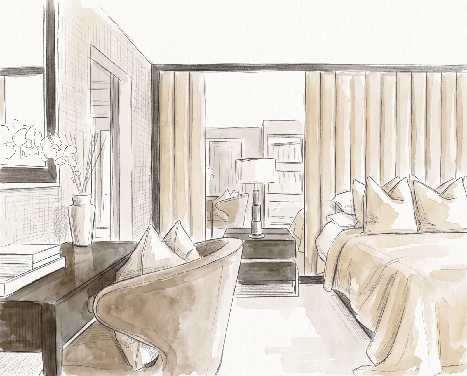 Hand-drawn design sketch of the interior study at Private Family Residence