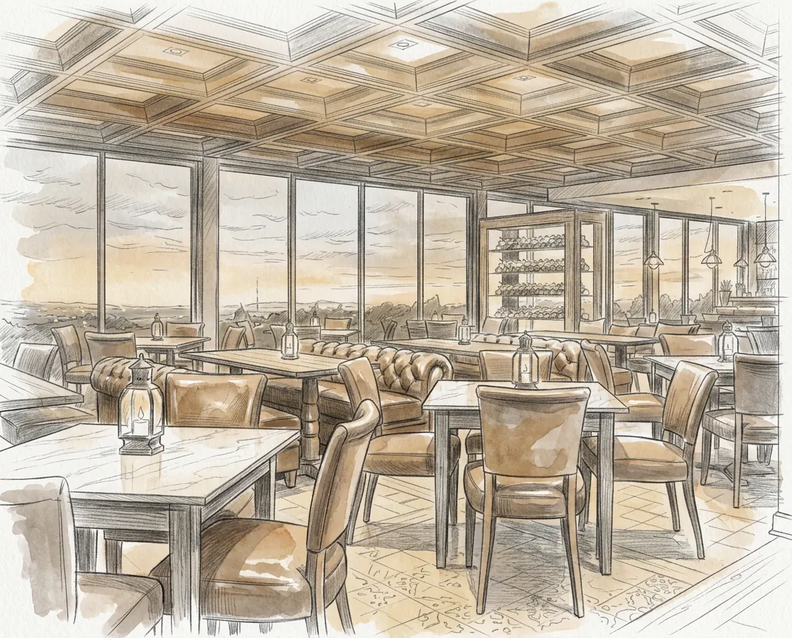 Hand-drawn design sketch of the restaurant study at Restaurant and Bar