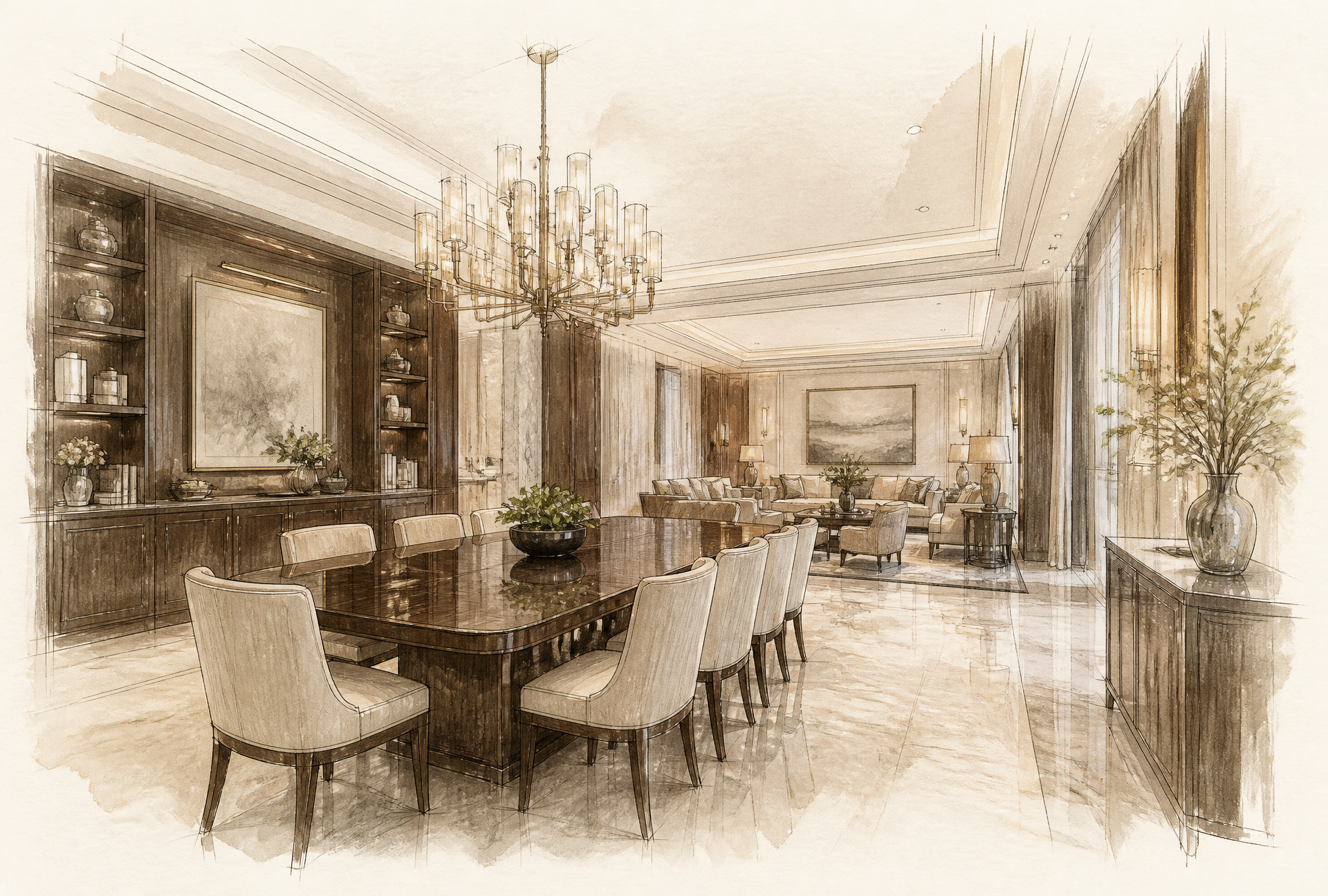 Hand-drawn design sketch of the interior study at Property Developer