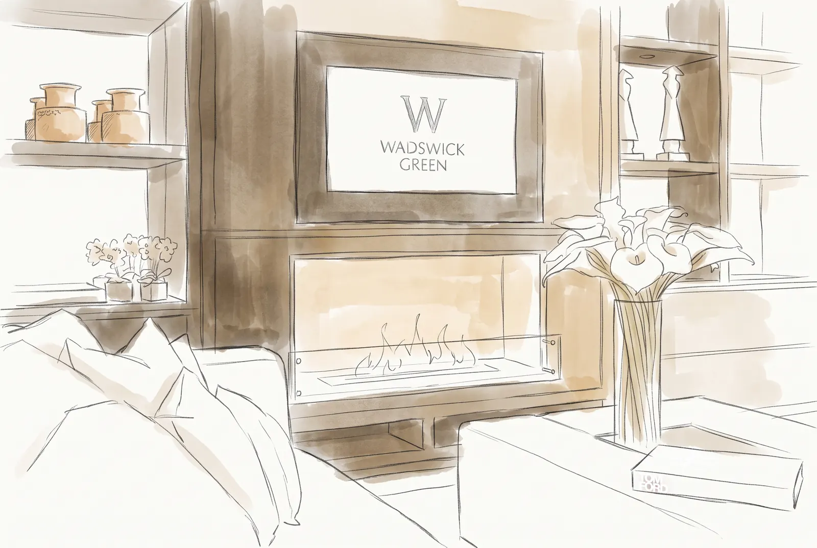 Hand-drawn design sketch of the showroom study at Showrooms & Reception Spaces, Vol. I