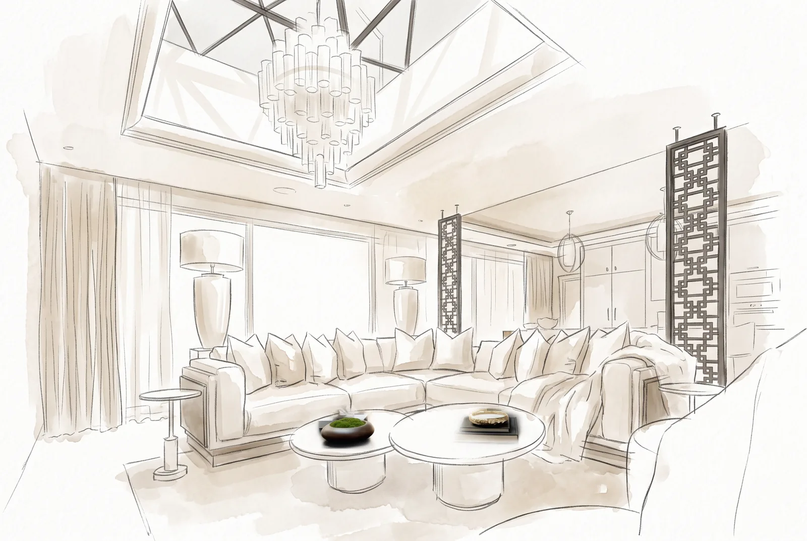 Hand-drawn design sketch of the open plan living at The White House
