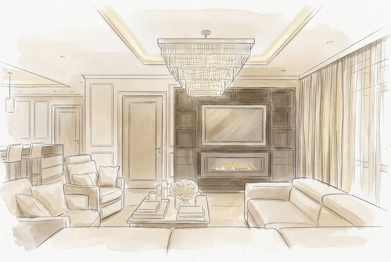 Hand-drawn design sketch of the interior study at Ullenhall Henley-in-arden